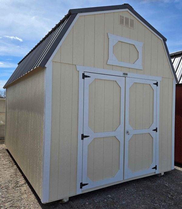 10x16 lofted barn, charcoal metal roof, eaglet beige walls, barn white trim, 7ft tall walls, (2) 4' lofts, 5/8 tongue & groove plywood floor, 60lb snow load, engineer certified.