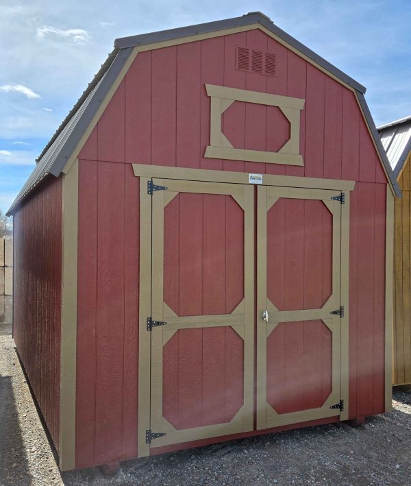 10x16 lofted barn, burnished slate metal roof, rustic red walls, thatch brown trim, 7ft tall walls, (2) 4' lofts, 5/8 tongue & groove plywood floor, 60lb snow load, engineer certified.