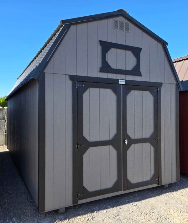10x20 lofted barn shed, black metal roof, gauntlet gray walls, tricorn black trim, 7ft walls, two 4ft lofts, double barn doors, wooden floor, 60lb snow load, engineer certified.