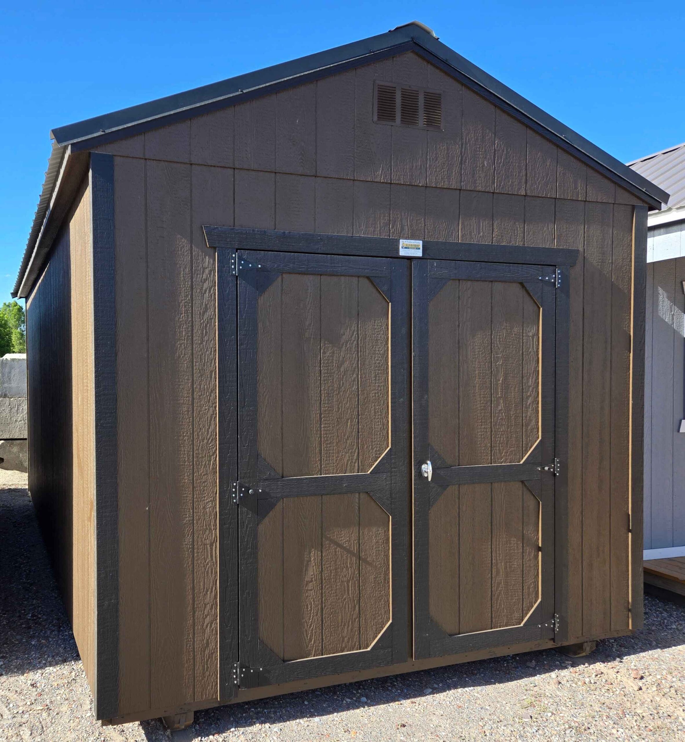 10x20 utility shed, black metal roof, dark clove walls, tricorn black trim, 8ft tall walls, wooden floor, 60lb snow load, engineer certified.