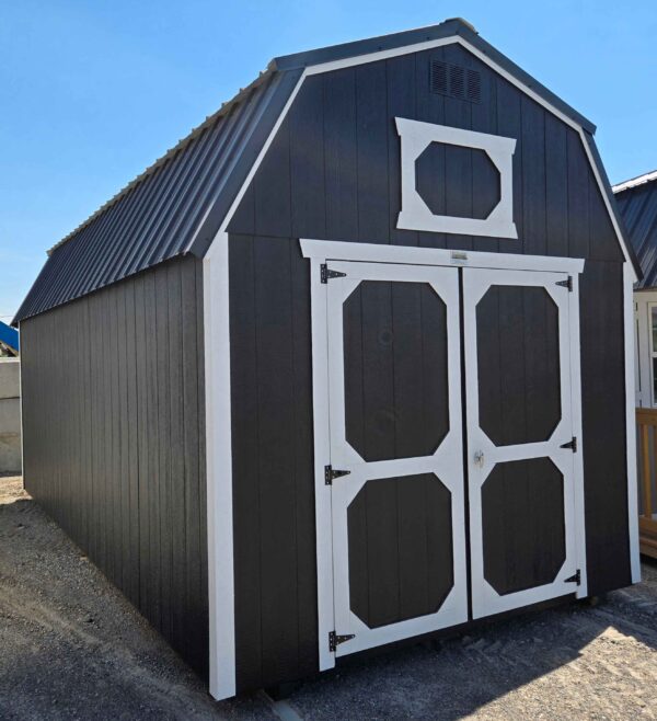 10x20 lofted barn shed, black metal roof, tricorn black walls, barn white trim, 7ft walls, two 4ft lofts, double barn doors, wooden floor, 60lb snow load, engineer certified.