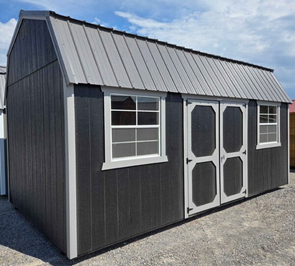 10x20 side lofted barn, charcoal metal roof, tricorn black walls, pewter cast trim, 7ft walls, double barn doors, two 3x3 windows, two 4ft lofts, 60lb snow load, wooden floor, engineer certified.