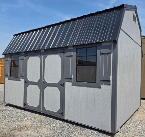 10x16 side lofted barn shed, black metal roof, pewter cast walls, peppercorn trim, 7ft walls, double barn doors with windows, two 2' x 3' windows with shutters, two 4ft lofts, wooden floor, 60lb snow load, engineer certified.
