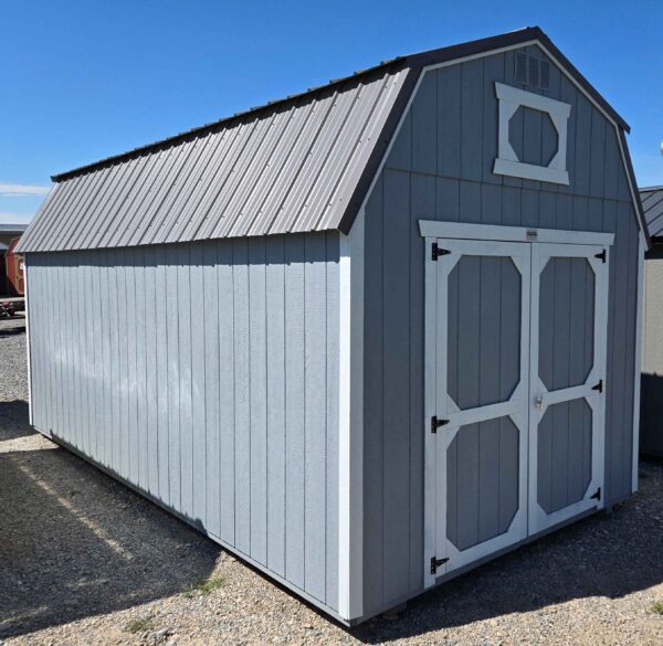 10x20 lofted barn shed, charcoal metal roof, pewter cast walls, barn white trim, 7ft walls, two 4ft lofts, wood floor, 60lb snow load, engineer certified.