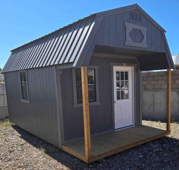10x20 playhouse lofted barn, 4ft porch, three 2' x 3' windows, 9-lite window house door, charcoal roof, peppercorn walls, pewter cast trim, 7ft tall walls, two 4ft lofts, 60lb snow load, engineer certified.